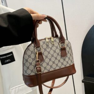 Quilted Double Handle Round Top Bag, Simple Design Zipper Shoulder Bag, Solid Color PU Leather Crossbody Bag, Portable Top Handle Handbag, Old Money